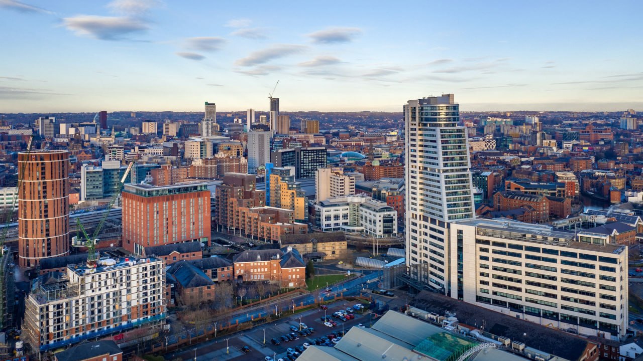 Leeds city centre skyline at dusk