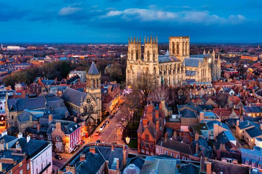 York Minster and the surrounding city centre at dusk